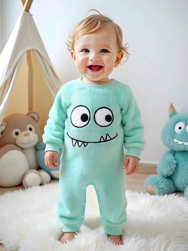 SHEIN Persoplay Kids Infant Unisex Cozy Fleece Jumpsuit With Cute Monster & Smiling Face Embroidery, Suitable For Outings Or Casual Indoor Wear In Autumn/Winter, Baby Boys