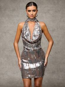 SHEIN BAE 女士卡其色和金色纯色图案迷人亮片露背紧身系带露背连衣裙，适合生日派对、夜间外出、主题派对、约会之夜、鸡尾酒会、圣诞派对、新年、感恩节 - 杏色 - 查看 3