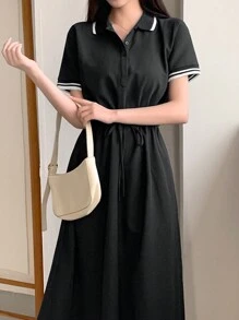 DAZY Women Collegiate Style Short Sleeve Waist Cinched Collar Mid-Length Dress Sundress Shirt Dress,Casual Women Dresses