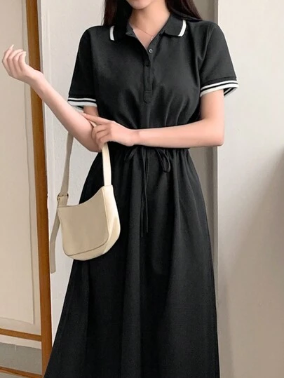 DAZY 女士学院风短袖收腰中长连衣裙衬衫裙，休闲女式连衣裙长裙