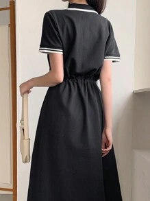 DAZY Women Collegiate Style Short Sleeve Waist Cinched Collar Mid-Length Dress Sundress Shirt Dress,Casual Women Dresses