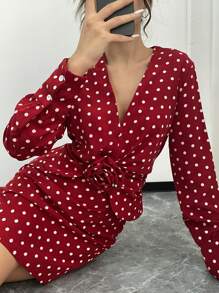 SHEIN Unity Set Atasan Lengan Panjang dan Rok Bodycon Motif Polkadot Merah Vintage dengan Dekorasi Bunga 3D untuk Musim Gugur Wanita - Burgundy - View 3