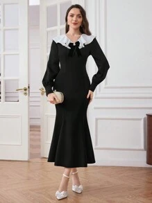 Modelyn Women's Elegant Contrast Collar Mermaid Hem Long Dress, Autumn Long Evening Dresses