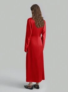 Ontre Poplin Material Women's Dress 2025 New Spring Fashion, Batwing Sleeves Elegant Formal Long Sleeve Tie-Neck Dress In Deep Red, Long Sleeve Satin Formal Gown