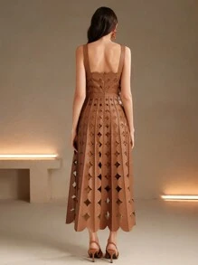 Anewsta Women's Brown Khaki PU Laser Engraved Elegant Party/New Year French Spring Dress - Khaki - View 2