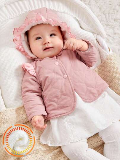 SHEIN Newborn Baby Girl Winter Warm Fleece Diamond Shaped Solid Color Coat With Ruffled Hooded Hat Set