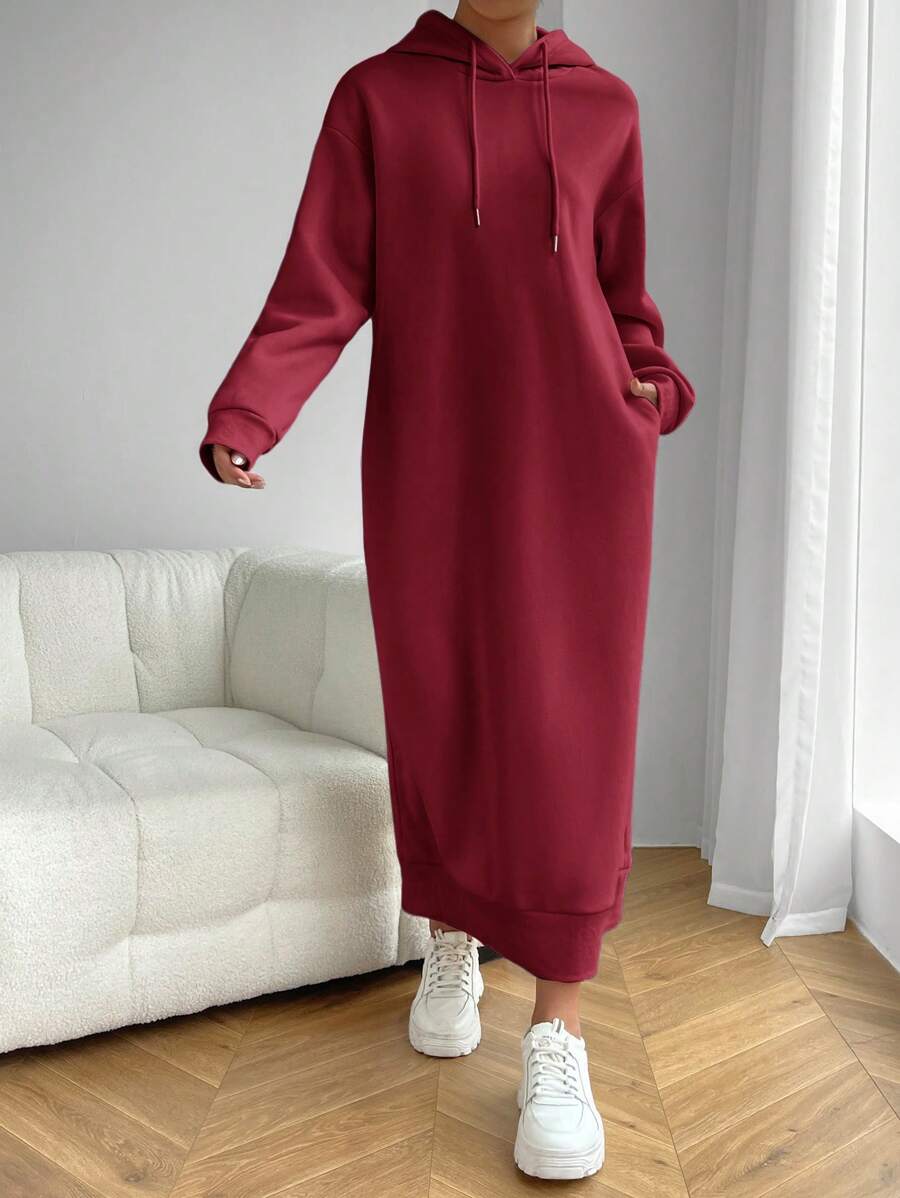SHEIN Essnce New Year Women's Solid Color Drop Shoulder Long Sleeve Drawstring Hooded Maxi Sweatshirt Dress, Red,Autumn/Winter - Burgundy - View 1