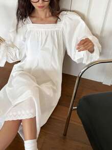 DAZY Spring Floral Lace Collar Ruffle Hem Nightgown Pajama - White - View 1