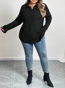 SHEIN CURVE+ Plus Size Women's Black Polo Collar Fitted Long Sleeve Casual Basic Polo Shirt-C