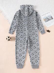 Boy's Gray & White Space Graphic Plush Hooded Zip-Up Jumpsuit Loungewear