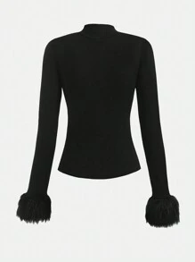 Girlism Teengirl Black Knit T-Shirt With Fuzzy Patchwork & Slim-Fit Mini Skirt Set, Elegant, Cute, Warm, Y2K Style - Black - View 5