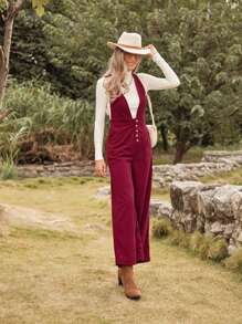 LanaWest Mono con peto de mujer de pana morado con tirantes cruzados en la espalda - Rojo violeta - Ver 5