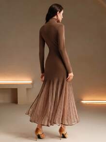 Anewsta 女士优雅高领拼布面料腰部贴身透明亮片美人鱼下摆针织连衣裙，圣诞节/新年夜 - 咖啡棕 - 查看 2