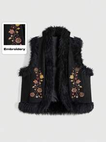 ROMWE Hippie 复古嬉皮花卉刺绣蓬松拼布大码女式夹克，秋冬 - 黑色 - 查看 1