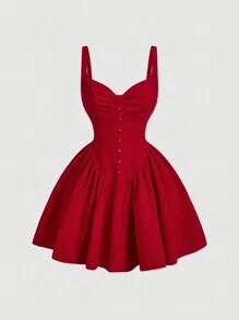 SHEIN MOD Women's Sleeveless Ruched Bust Decor Button Wrap Ruffle Hem Red Dress, Dress, S Women Outfit, Red Dresses For Women, Birthday Dresses For Women, Club Outfits Women, Wedding Guest Dress Women,Valentine Outfits