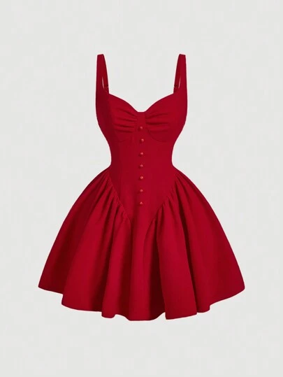 SHEIN MOD Women's Sleeveless Ruched Bust Decor Button Wrap Ruffle Hem Red Dress, Dress, S Women Outfit, Red Dresses For Women, Birthday Dresses For Women, Club Outfits Women, Wedding Guest Dress Women,Valentine Outfits