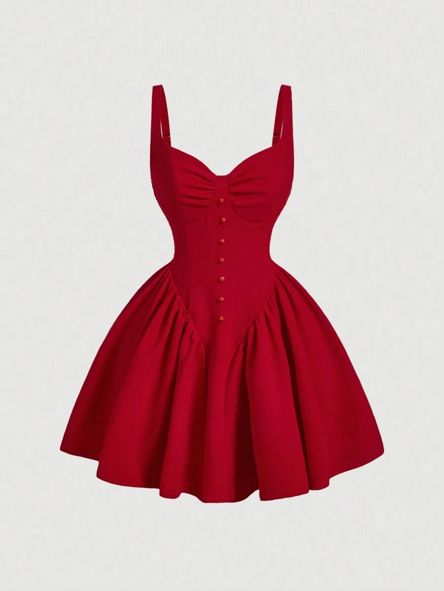 SHEIN MOD Women's Sleeveless Ruched Bust Decor Button Wrap Ruffle Hem Red Dress, Dress, S Women Outfit, Red Dresses For Women, Birthday Dresses For Women, Club Outfits Women, Wedding Guest Dress Women,Valentine Outfits