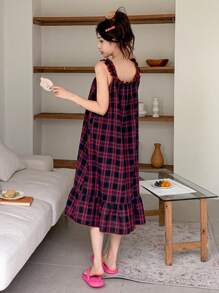 DAZY 格子荷叶边蝴蝶结装饰吊带睡裙情人节 - 藏蓝色 - 查看 2