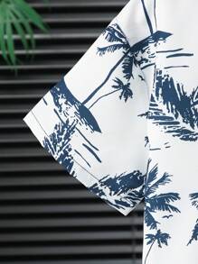 2pcs Outfit For Tween Boys: Coconut Print Shirt And Solid Color Shorts For Summer - Navy Blue - View 5