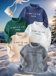 SHEIN 5pcs/Pack Baby Boys & Girls Colorful All-Match Versatile Soft & Thick Double-Sided Fleece High Stretch Letter Graphic Knit Stand Collar Long Sleeve Pullover Tops, Suitable For Indoor & Outdoor Wear, Autumn/Winter