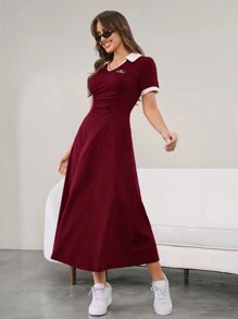 Mulvari 女士休闲撞色修腰短袖连衣裙 - 酒紅色 - 查看 4