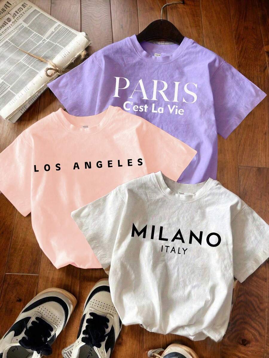 SHEIN 3 件装年轻女孩休闲简约别致字母印花 T 恤套装，夏季