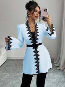 Elenzga Contrast Color Block Ruffle Waist Detail 3D Flower Women Regular Jacket - Blue - View 1