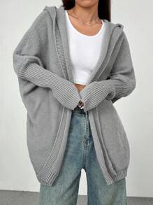 Flirla Women Solid Color Bat Sleeve Loose Casual Hooded Cardigan, Versatile For Autumn/Winter