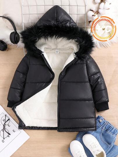 SHEIN 1 szt. Modna, swobodna, ciepła, termiczna kurtka z kapturem dla chłopców, wygodna na powrót do szkoły, urodziny, baby shower, przyjęcie dla dzieci, odpowiednia na jesień/zimę, płaszcz dla chłopca na zimę