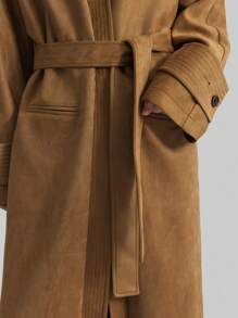 Ontre 2025 New Women's Brown Long Sleeve Casual Loose Collar-Less Trench Coat, Elegant Oversized Outerwear, For Women, Spring, Valentine's Day