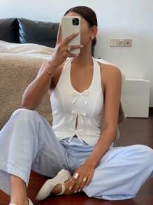 Livesso 女式大号 U 领蝴蝶结前挂脖衬衫，短款上衣，女式外出上衣 - 白色 - 查看 4