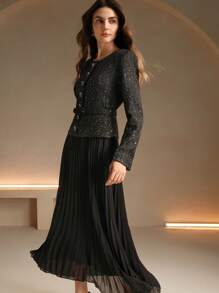 Anewsta Women Long Sleeve Patchwork 2 In 1 Pleated Dress - Black - View 6