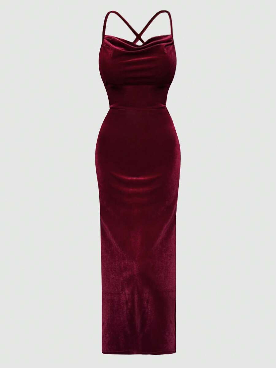 Chiquease Wine-Red Velvet Cowl Neck Spaghetti Strap Open Back Tie-Up Crop Waist Elegant Bodycon Dress For Women Velvet Dress - Burgundy - View 1