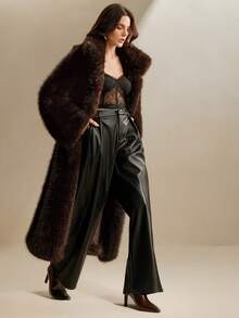 Anewsta New Autumn/Winter Elegant Lady Fox Fur Fake Fur Maxi Coat, Fashion Fluffy Lined Women Long Outerwear - Coffee Brown - View 1