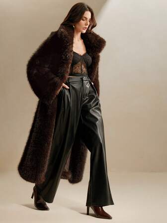 Anewsta Ny höst/vinter Elegant Lady Rävpäls Fake Fur Maxi Coat, Mode Fluffiga Fodrade Kvinnor Långa Ytterkläder