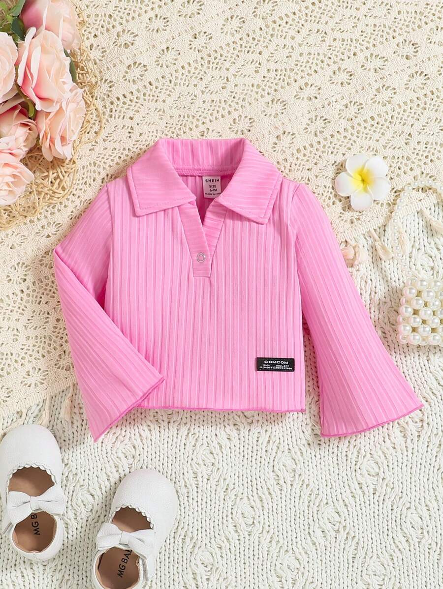 Baby Girl Collar Neckline Elegant Ribbed Top - Pink - View 1