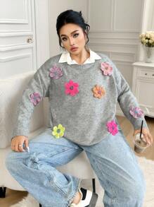 Calvaya Plus Size Women Loose Drop Shoulder Long Sleeve Casual Handmade Patchwork Flower Pattern Pullover Sweater, Grey, For Winter Knit Pullover Fall - Dark Grey - View 7