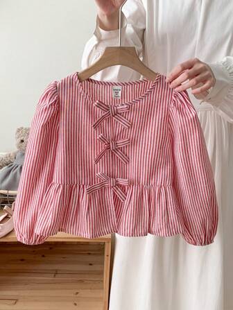 SHEIN LMoss Kids LMoss Young Girl Woven Striped Puff Sleeve Loose Casual Shirt