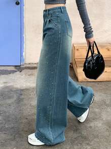 DAZY Jeans dritti casual ampi e plissettati da donna con decorazioni in strass