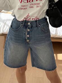 DAZY Women's Frayed Hem Button Design Denim Shorts Jorts - Medium Wash - View 8
