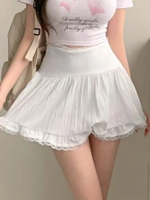 DAZY 女式高腰褶皱蕾丝拼接A字裙夏季荷叶边 - 白色 - 查看 2