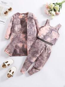 SHEIN 3 件套 Babygirl 休闲扎染针织长开衫、背心和松紧腰长裤 - 彩色 - 查看 5