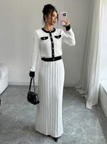 Chiquease Conjunto de 2 piezas de suéter elegante para mujer, de color contrastado, con falso bolsillo, cuello redondo, suéter de punto de manga larga y falda de punto de unicolor con cintura elástica - Blanco y Negro - Ver 1