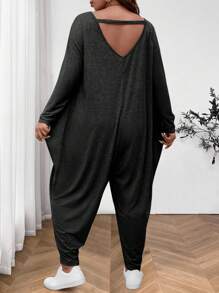 SHEIN LUNE Plus Size V-Neck Soft Knitted Drop Crotch Loose Long Pants, Simple Design Backless Long Sleeve Casual Jumpsuit For Home & Outdoor Wear - Black - View 2