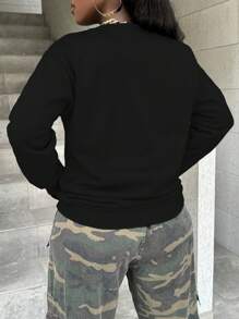 INAWLY Plus Size Women's Loose Casual Crew Neck Drop Shoulder Sweatshirt With BADDID English Slogan Graphic Print, Autumn/Winter - Black - View 2