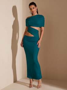 SHEIN BAE Asymmetrisches Off-Shoulder einfaches elegantes einfarbiges türkisblaues Kleid mit Raffungen, geeignet für Cocktailpartys, romantische Dates, Herbst-/Winterlayering, Partys, formelle Anlässe, Brautjungfernkleid, Abendausflüge, Cut Out - Taubenblau - Übersicht 3