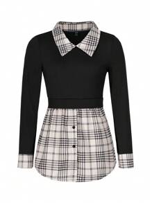 SHEIN Clasi Plaid Print Contrast Collar 2 In 1 Tee