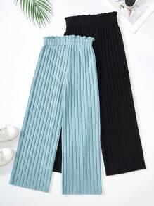 2pcs Tween Girl Straight Leg Soft & Comfortable Pants, Black And Sage Green