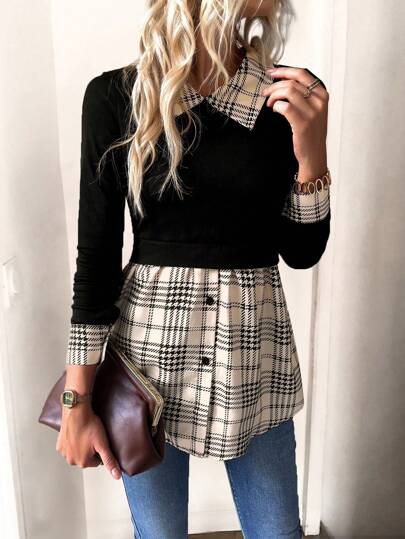 Calvaya Plaid Print Contrast Collar 2 In 1 Tee Fall Cloth For Women