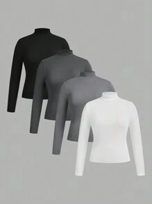 SHEIN Essnce Plus Size Women's T-Shirt, 4 Pieces, High Neck Long Sleeve Top, Out Top,Cute Tops Spring Clothes